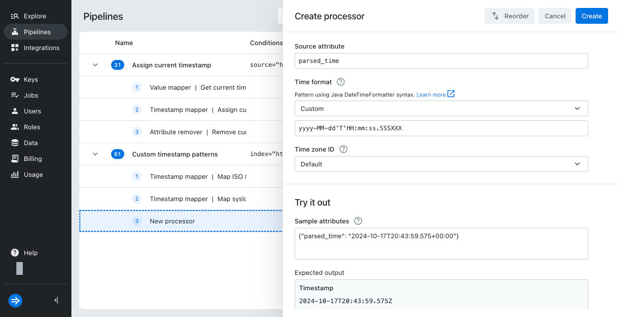 Timestamp processor with custom time format