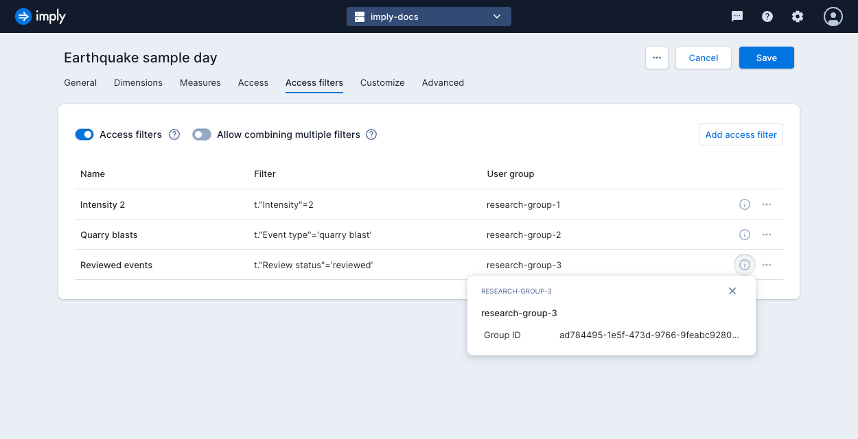 Data cube access filters