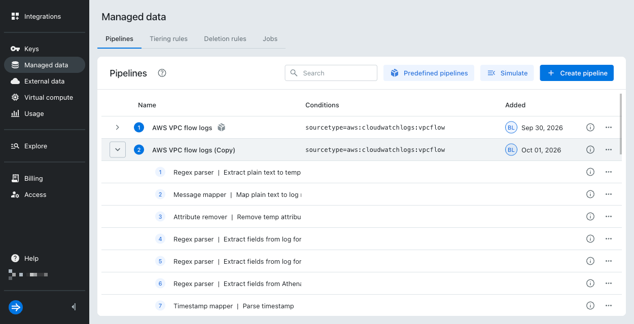 Predefined and custom pipelines