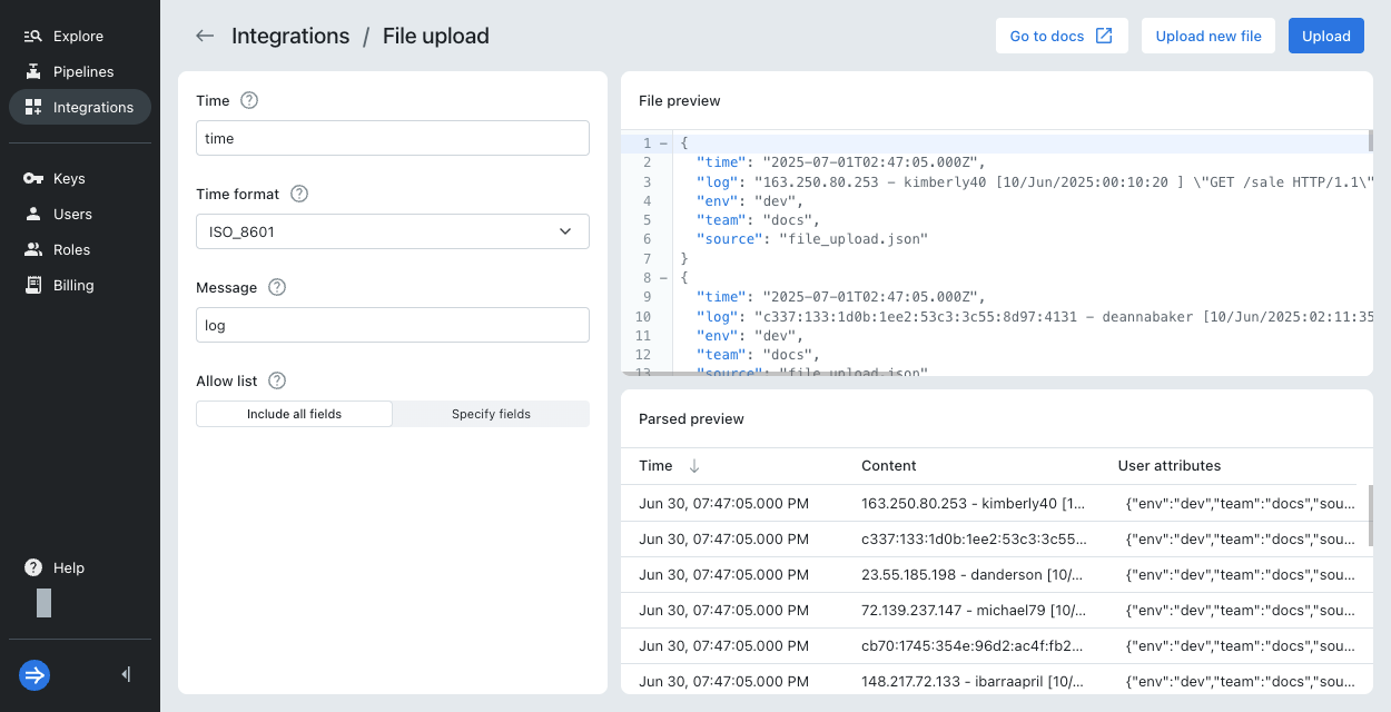 File upload JSON