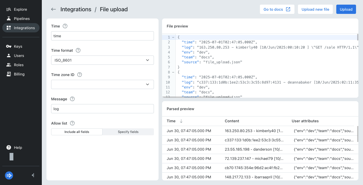 File upload JSON