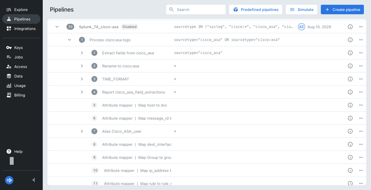 Splunk TA import view created pipeline