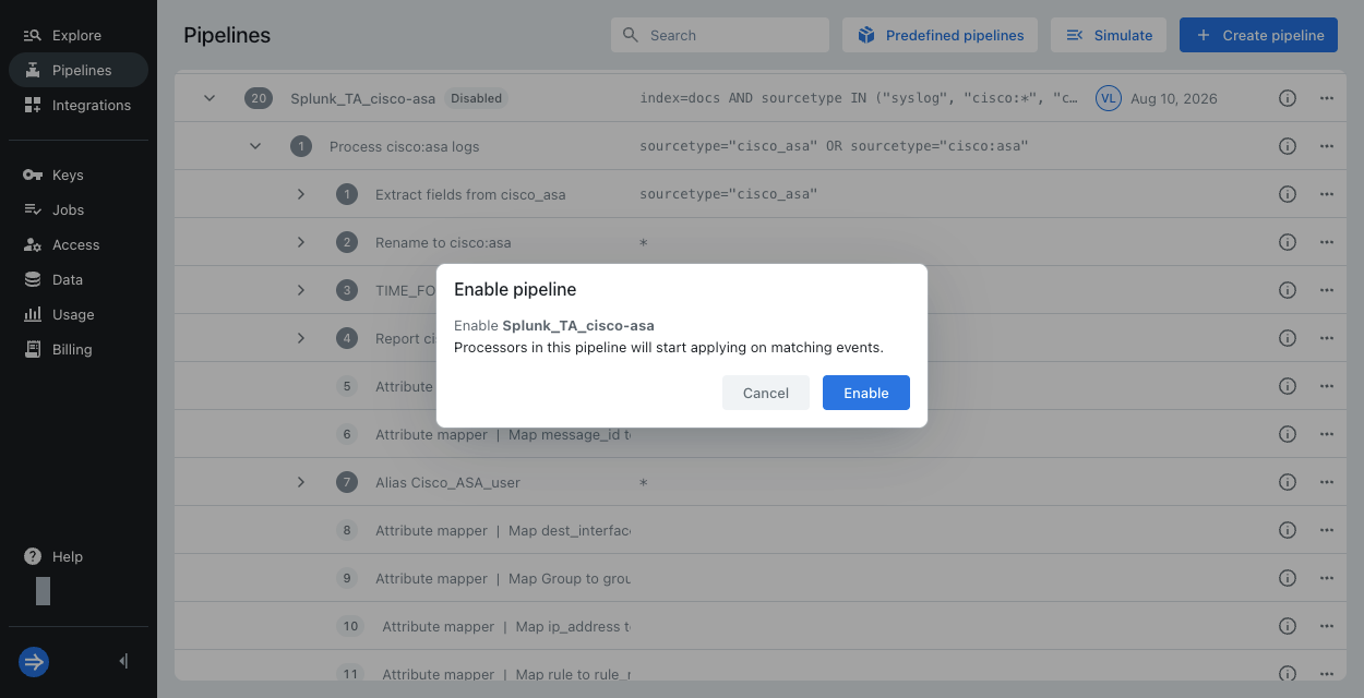 Splunk TA import enable pipeline
