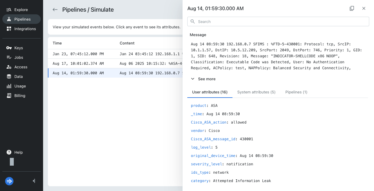 Splunk TA import preview simulated results