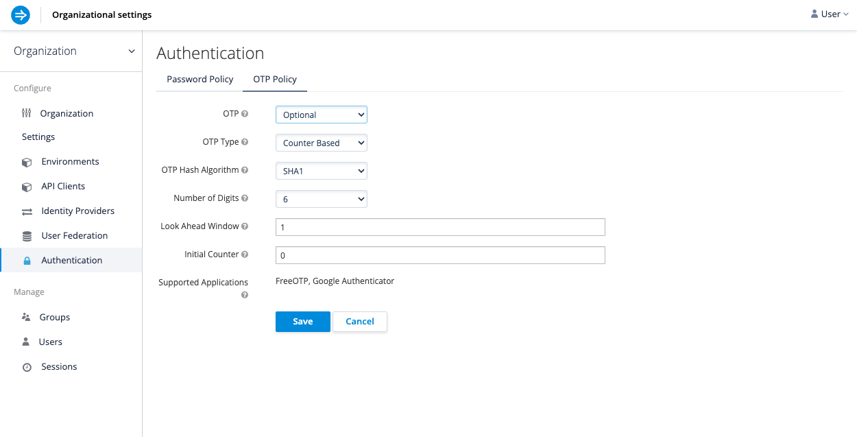 OTP policy config