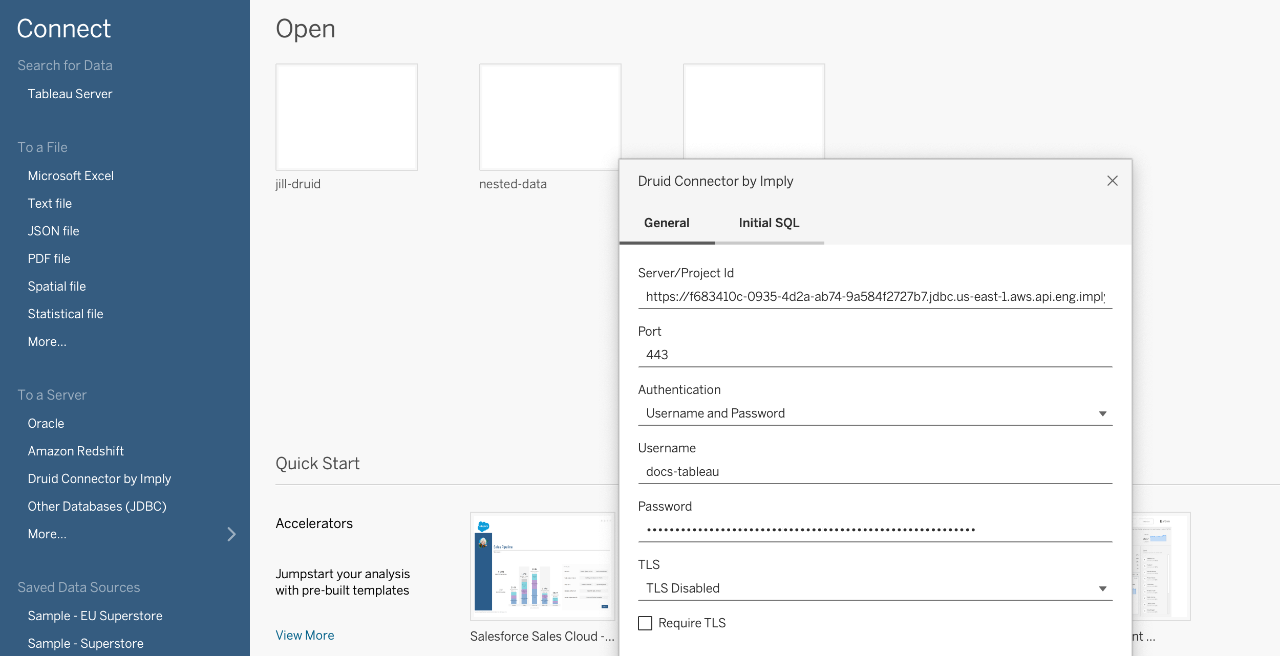 Tableau desktop connection details