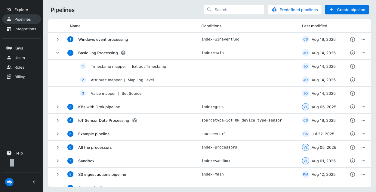 Pipelines page