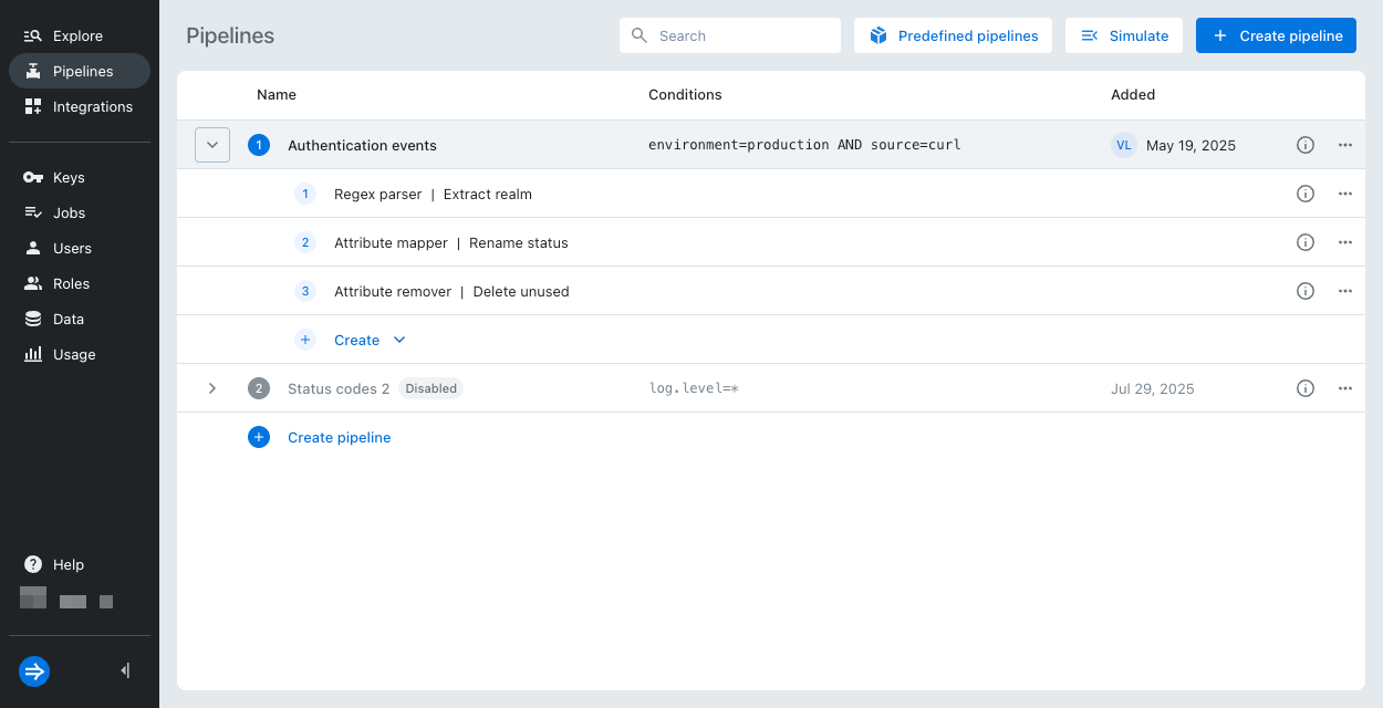 Pipelines page