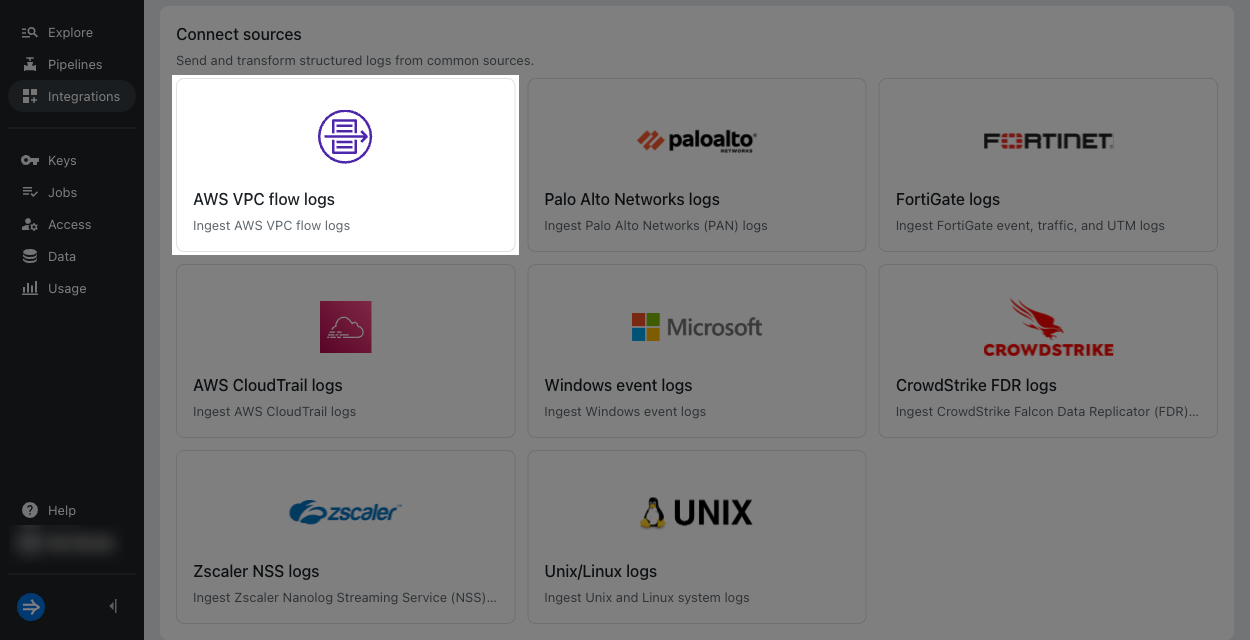 AWS VPC flow log integration tile