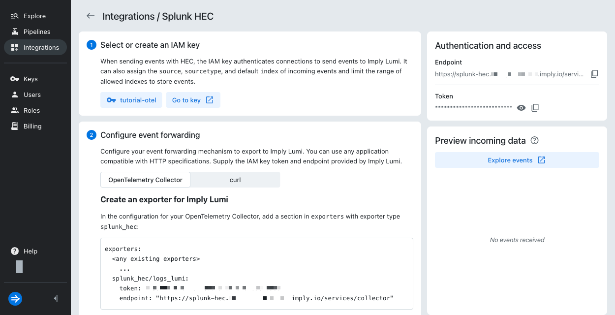 HEC page with OTel configuration