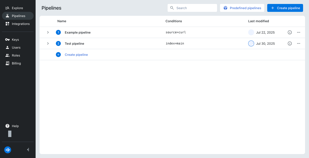Pipelines page