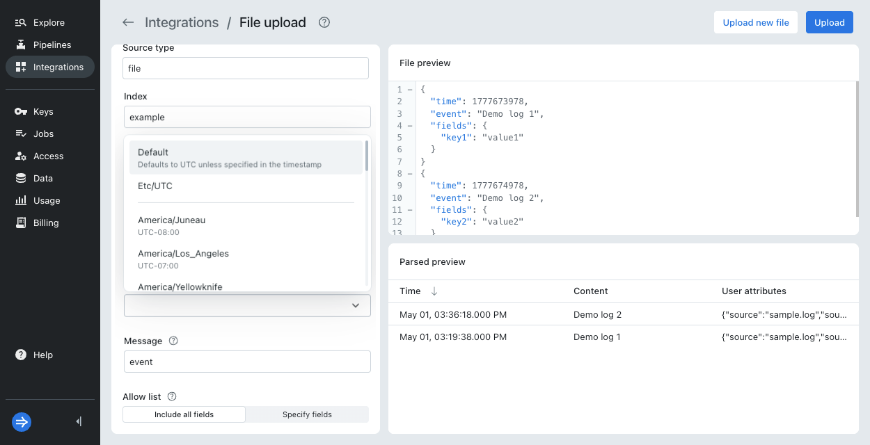 File upload JSON time zone