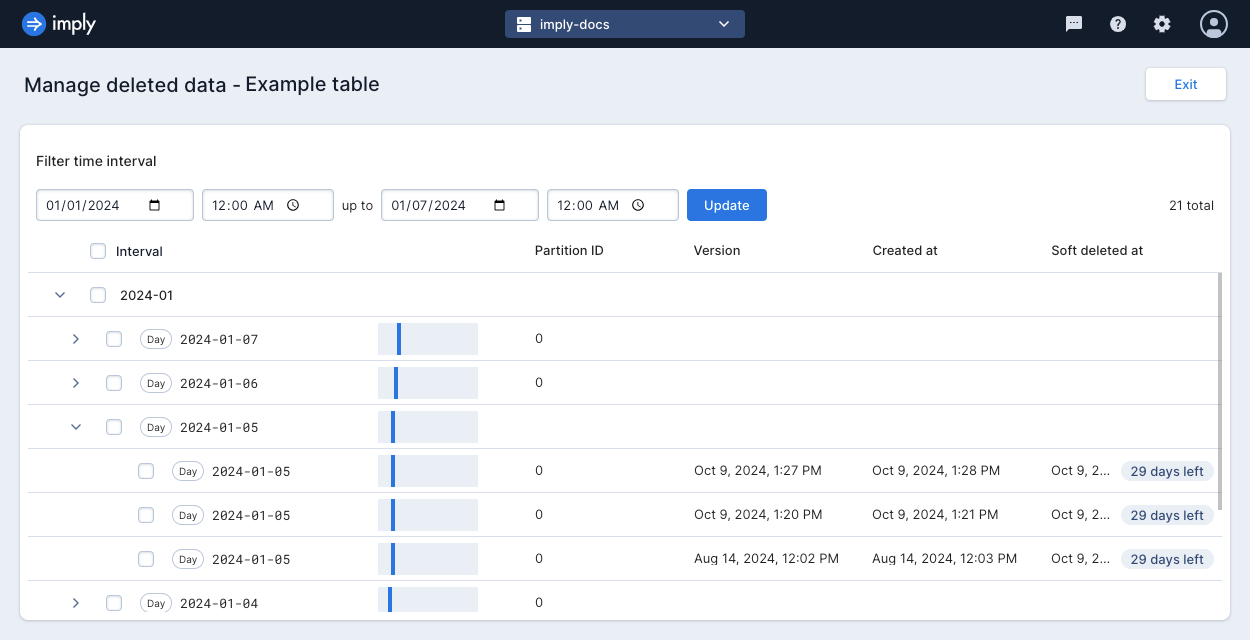 UI page showing deleted segments that you can recover